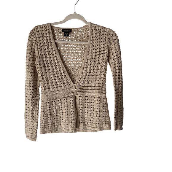Eddie Bauer Sweater Womens‎ XS Hand Crocheted Linen Cotton Cardigan Boho Knit - Picture 1 of 7